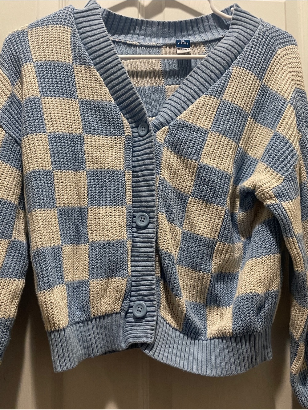 Old Navy Blue and Cream Check V-Neck Button Front Cardigan